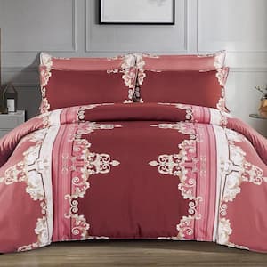 3PC All Season Bedding Motif Textured Comforter King Size Bedding Set-Ultra Soft 100% Microfiber Polyester-Red