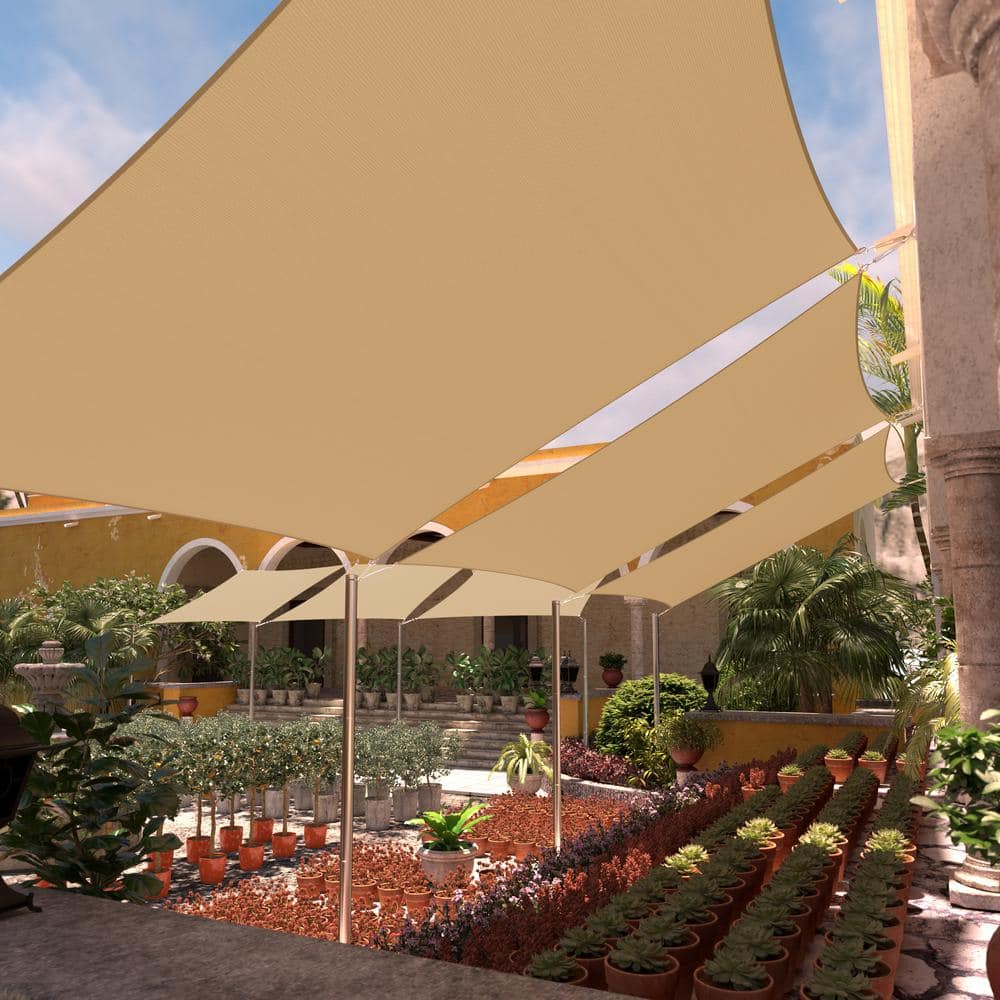 Sand Beige 14' x 18' HDPE Patio Shade Sail with Stainless Steel D-Rings