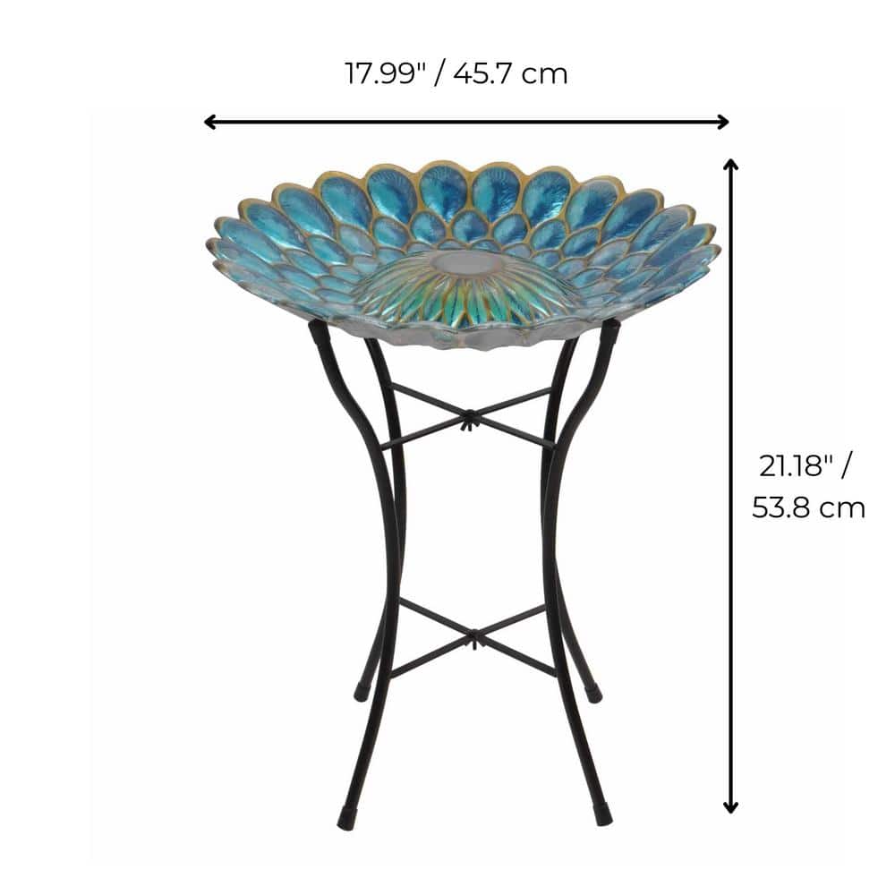 Blue 18" Solar Glass Flower Mosaic Birdbath with Metal Stand