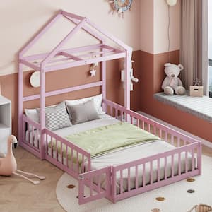 Pink Full Wooden House Bed with Integrated Detachable Clothes Drying Rack and Headboard