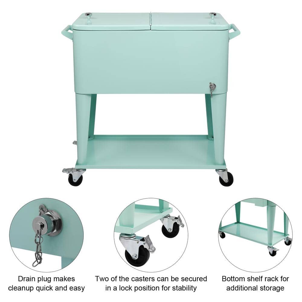 Mint Iron Wheeled Beverage Cooler Cart with Shelf