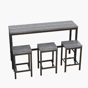 4-Piece Gray Long Wood Top Dining Table Set with 3 Stools