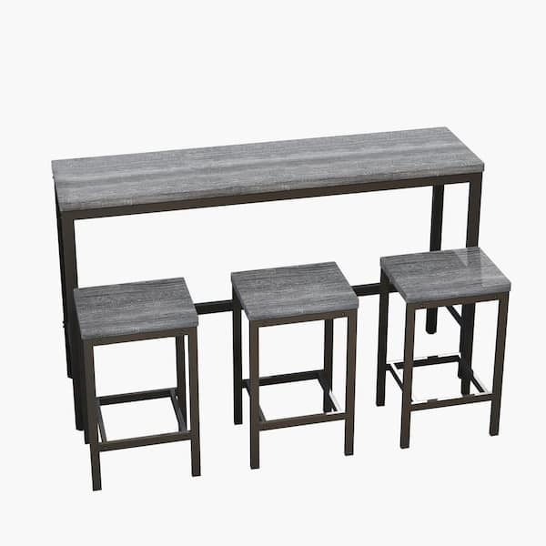 Unbranded 4-Piece Gray Long Wood Top Dining Table Set with 3 Stools