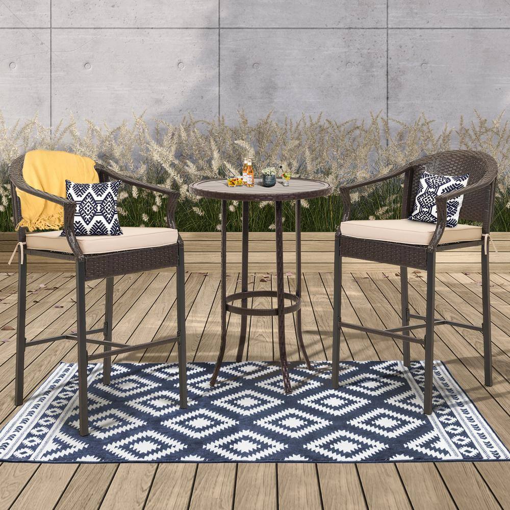 JUSKYS Brown 3Piece Wicker Outdoor Bistro Set Height Bar Stools with