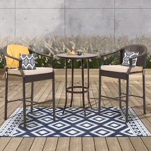 Brown 3-Piece Wicker Outdoor Bistro Set Height Bar Stools with Tan Cushions and Round Metal Top Table