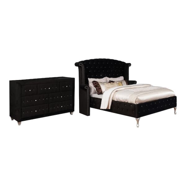Furniture of America Nealyn 2-Piece Black Queen Wood Upholstered Bedroom Set, Bed and Dresser