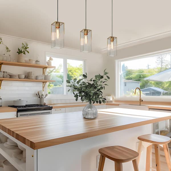 Modern 1-Light Brass Mini Pendant Light Water Glass Black Pendant Hanging Light Farmhouse DIY Kitchen Island Chandelier