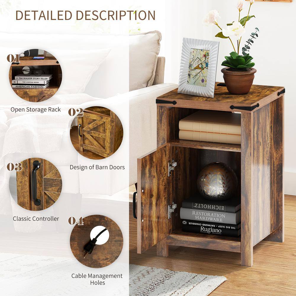 Brown Farmhouse Nightstand Set with Charging Station and Barn Door