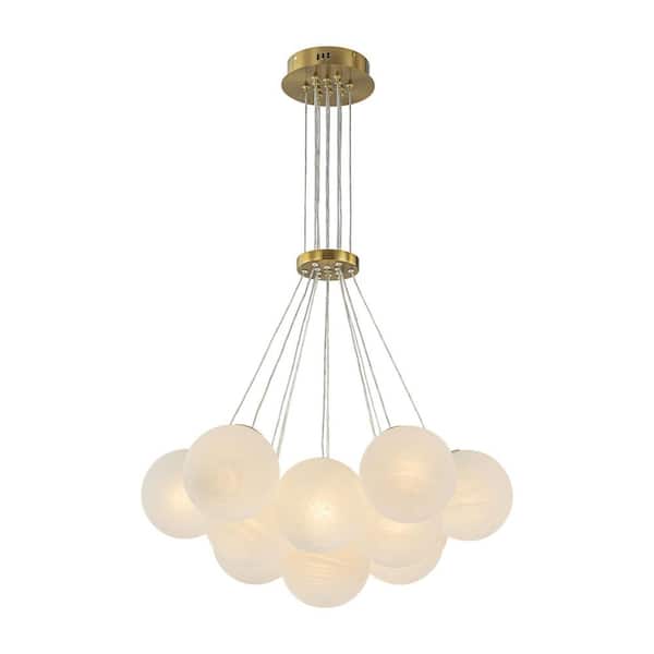 Mina 13-Light Brushed Gold Hanging Glass Moon Globe Chandelier with Cloudy Marble Stone Style Bubbles