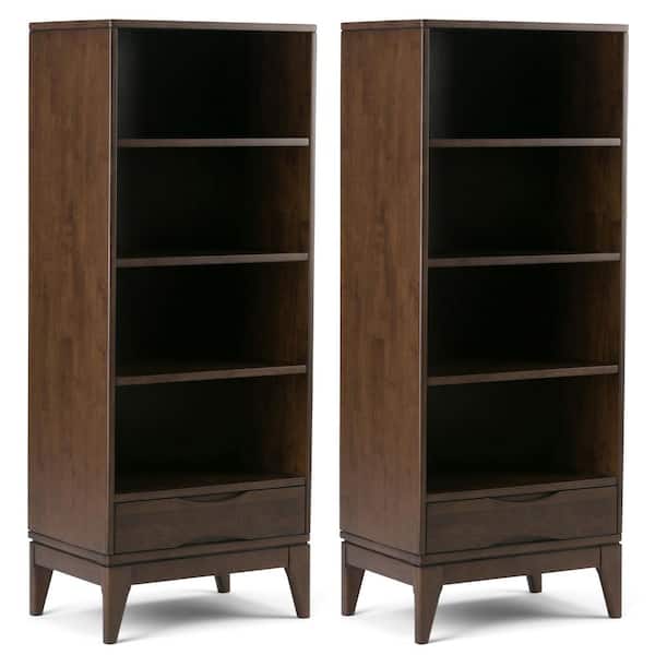 Harper 60 in. Tall Walnut Brown Solid Wood 4-Shelf Mid-Century Modern Bookcase with Drawer (Set of 2)