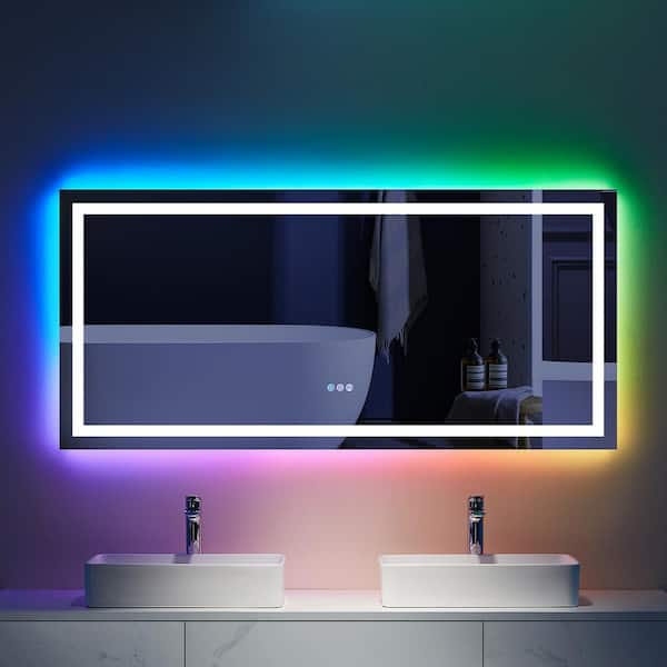UPIKER 60 in. W x 30 in. H Rectangular Frameless LED Anti Fog Backlit and Front Lighted Wall Bathroom Vanity Mirror in RGB