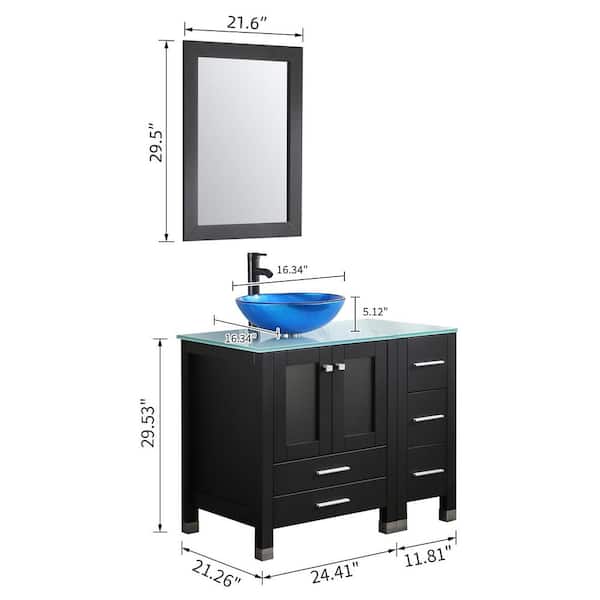 36 in. W x 21.3 in. D x 29.1 in. H Single Sink Bath Vanity in Black with Glass Top and Mirror