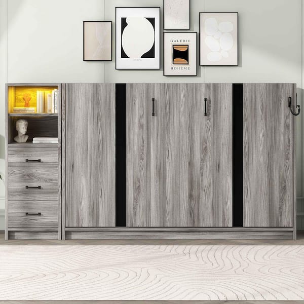 Gray Wood Frame Twin Size Murphy Bed with Drawers and LED Light, can be Folded into a Cabinet