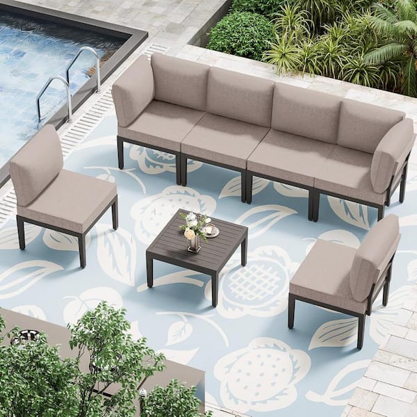 Halmuz 7-Piece Black Metal Patio Conversation Set with Sand Cushions, Coffee Table