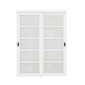 60 in. x 80 in. 5-Lite Tempered Frosted Glass Primed White MDF Interior Closet Sliding Door w/Black Handles and Hardware