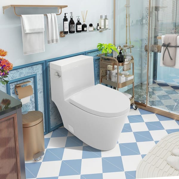 WELLFOR 12 in. 1-Piece 1.28 GPF Single Flush Elongated Toilet in White Seat Included
