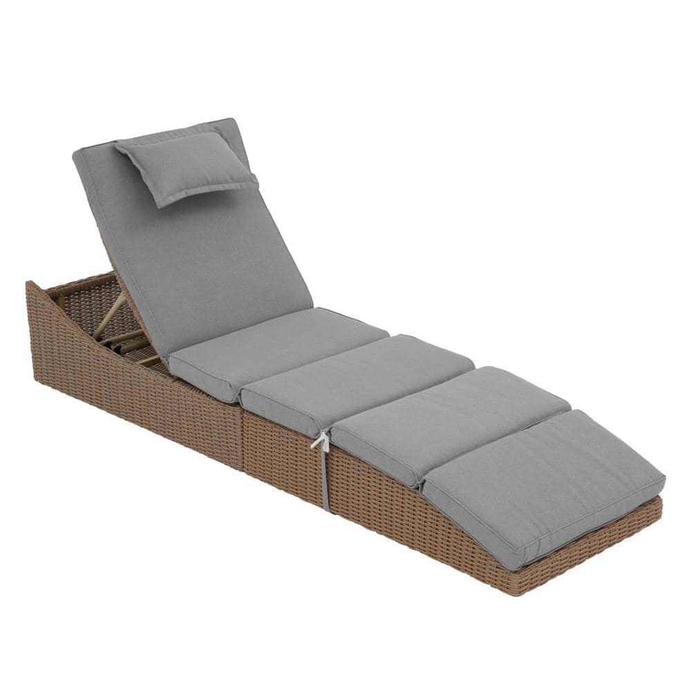 Natural Wicker Outdoor Folding Adjustable Chaise Lounge with Grey Cushion