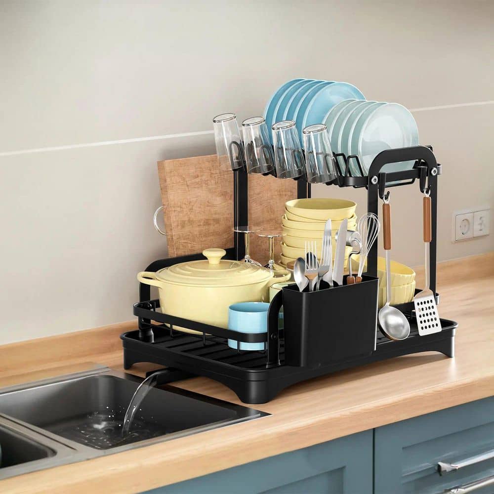 Black 2-Tier Rustproof Design with Drainboard and Detachable Kitchen Organizer Set for Kitchen Counter Dish Rack price history on PriceWatchPro