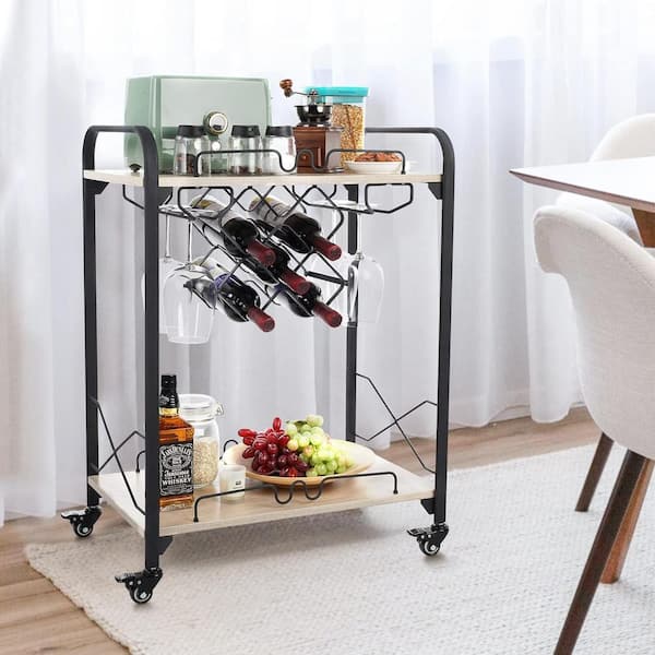 Tileon 2-Tier Mobile Bar Serving Cart with Wine Racks and Glasses