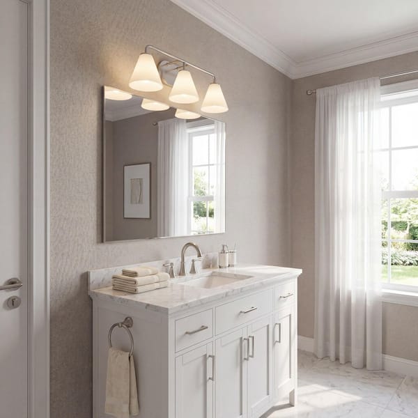 Blair 25.5 in. W x 8 in. H 3-Light Satin Nickel Transitional Bathroom Vanity Light with White Strie Glass Shades