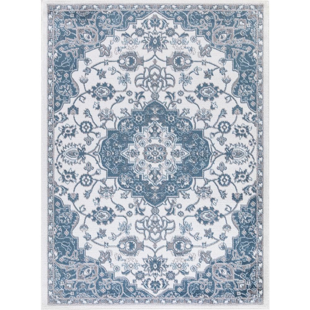 Ivory and Blue Medallion Synthetic 8' x 10' Area Rug