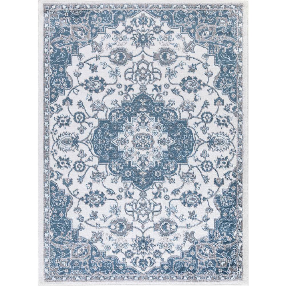 Ivory and Blue Medallion Synthetic 8' x 10' Area Rug