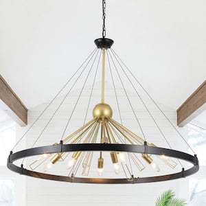9-Light Black and Spray Gold Wagon Wheel Linear Chandelier for Living Room with No Bulbs Included