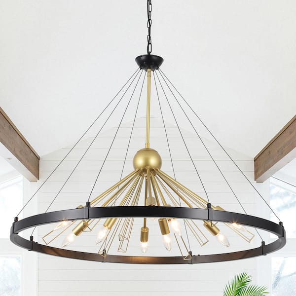 LWYTJO 9-Light Black and Spray Gold Wagon Wheel Linear Chandelier for Living Room with No Bulbs Included