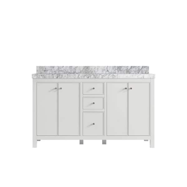 Willow Collections Chicago 60 in. Double Sink Freestanding White Bath Vanity with Carrara Marble Top