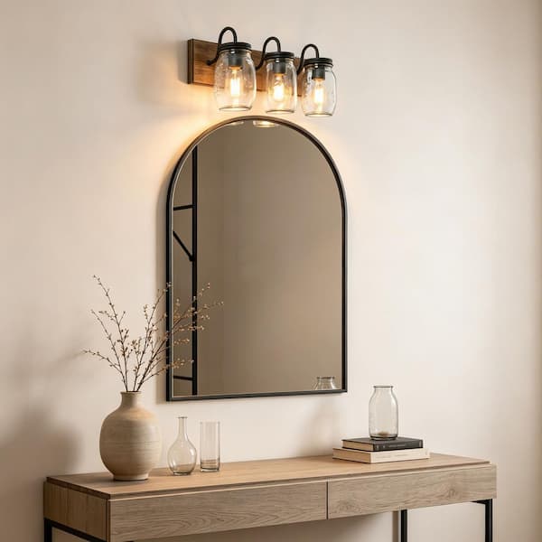 Farmhouse Bathroom Vanity Light 3-Light Black Powder Room Wall Sconce with Brown Faux Wood Accent Clear Mason Jar Shades