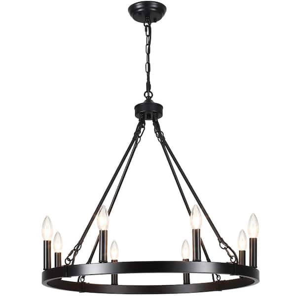 8-Light Black Farmhouse Wagon Wheel Modern Chandelier Industrial Pendant Light