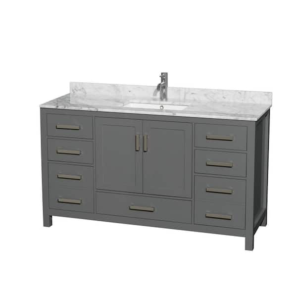 Wyndham Collection Sheffield 60 in. W x 22 in. D x 35 in. H Single Bath Vanity in Dark Gray with White Carrara Marble Top