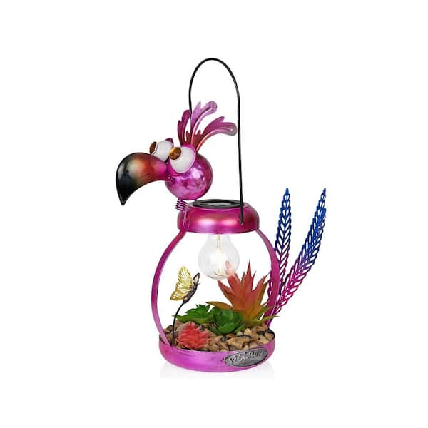 Solar-Powered Metal Flamingo with Garden Enclosed LED Light, Solar Patio Decor, 16 in. H, Pink