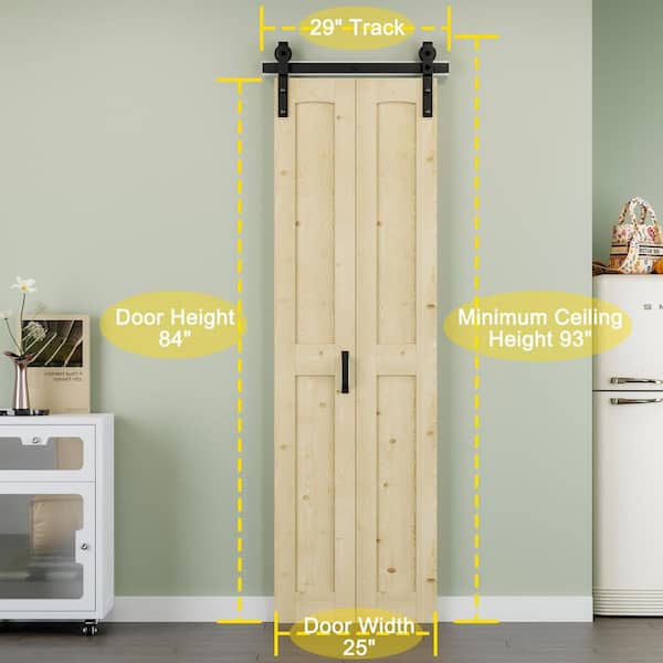 25 in. x 84 in. Paneled H Shape Solid Pine Wood Unfished Bi-fold Sliding Barn Door with Hardware Kit and Headerboard