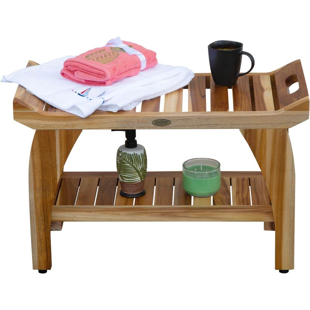 EcoDecors 32" Natural Teak Shower Bench with Handles and Shelf
