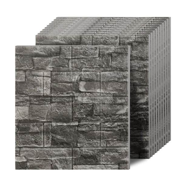 Angel Sar 15 in. x 13.7 in. Black 3D Peel and Stick Wall Panels, Textured Faux Brick Wall Panels for Bedroom and Kitchen (20-Pack)