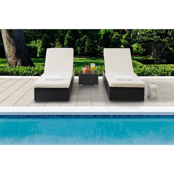 EDYO LIVING Black 3-Piece Rattan Wicker Adjustable Outdoor Chaise Lounge Chair with Beige Cushions