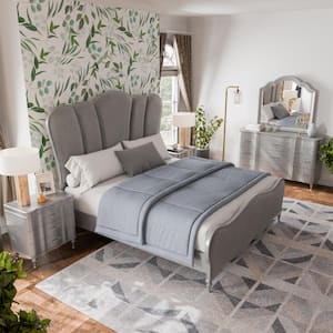 Seabliss 5-Piece Glam Silver Wood Queen Platform Bedroom Set with 2-Nightstands and Dresser/Mirror