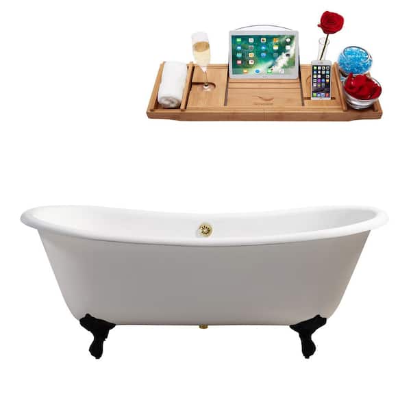 Streamline 71 in. x 32 in. Cast Iron Clawfoot Soaking Bathtub in Glossy White with Matte Black Clawfeet and Polished Gold Drain
