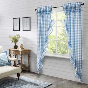Annie Buffalo Check 36 in. W x 84 in. L Ruffled Light Filtering Rod Pocket Prairie Window Panel in Blue White Pair