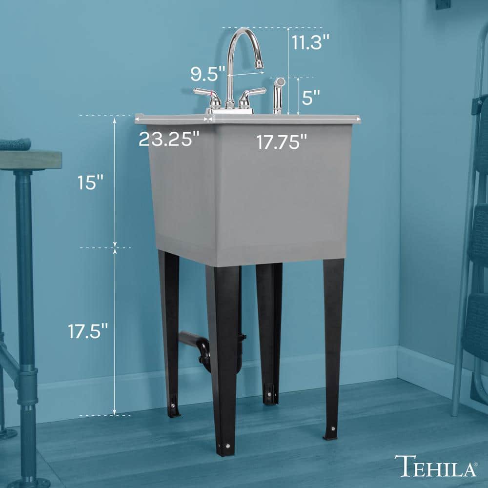 Gray Thermoplastic Freestanding Utility Sink with Chrome Faucet and Sprayer