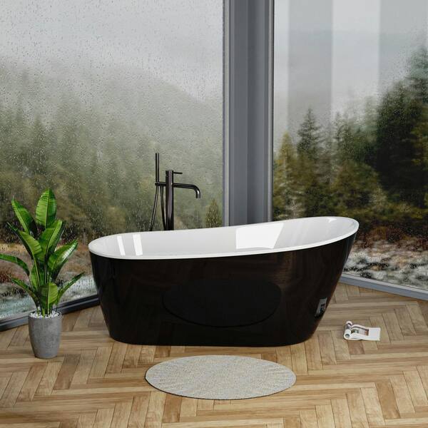 Xspracer Victoria 54 in. Acrylic Flatbottom Alcove Freestanding Soaking Non-Whirlpool Bathtub in Gloss Black with Brass Drain