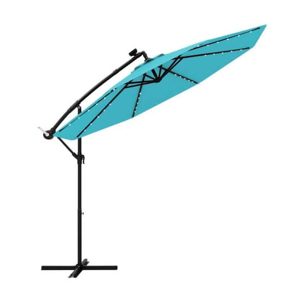 10 ft. Solar LED Lighted Cantilever Patio Umbrella in Turquoise with Tilt and Crank for Outdoor Garden Poolside Shade