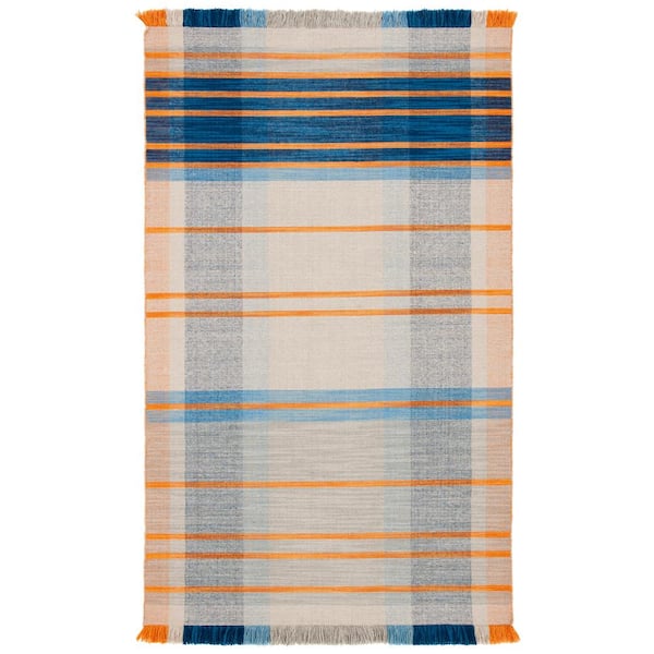 Striped Kilim Beige Blue 4 ft. x 6 ft. Plaid Striped Area Rug