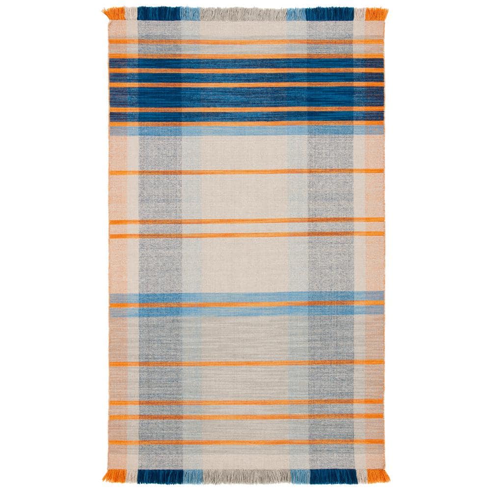 Blue and Beige Striped Wool Flat Woven Area Rug