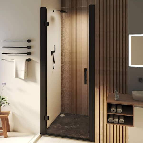 30 to 32 in. W x 72 in. H Pivot Swing Frameless Shower Door in Black with Clear Glass