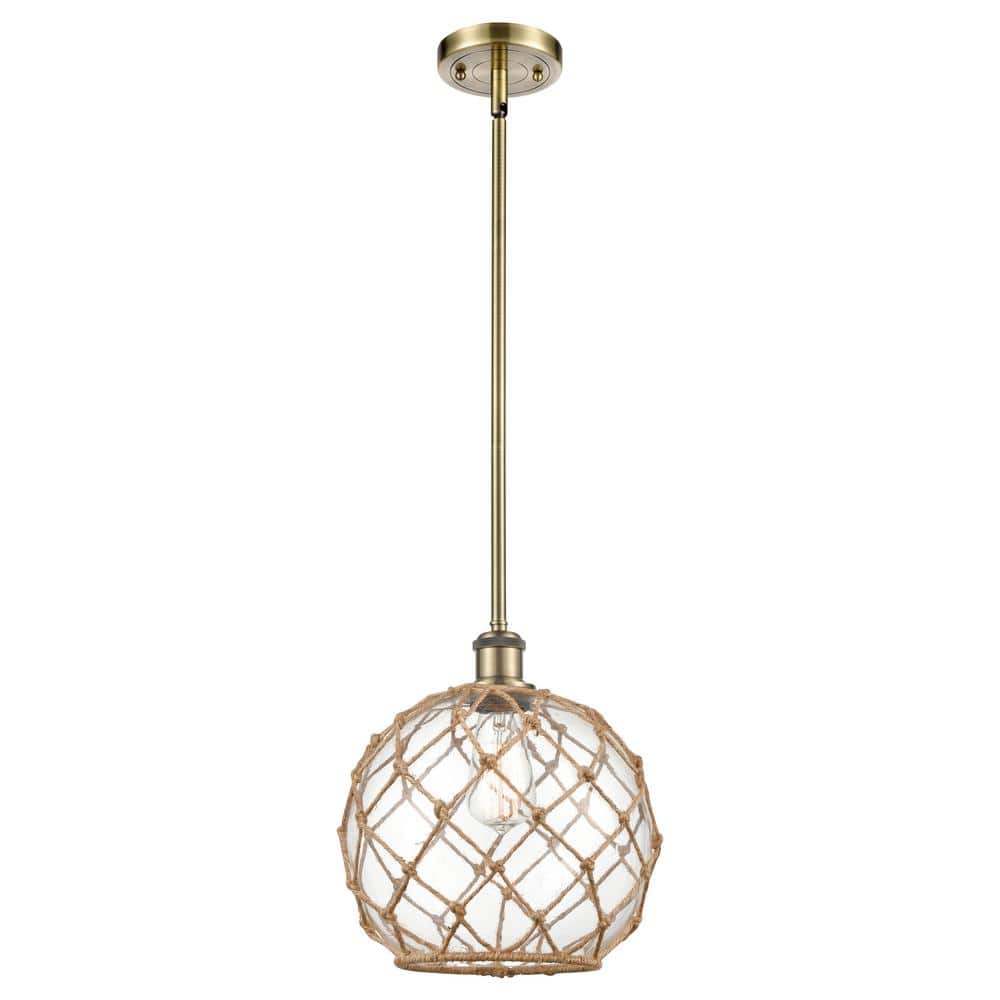 Antique Brass Mini Pendant Light with Rope and Glass Shade