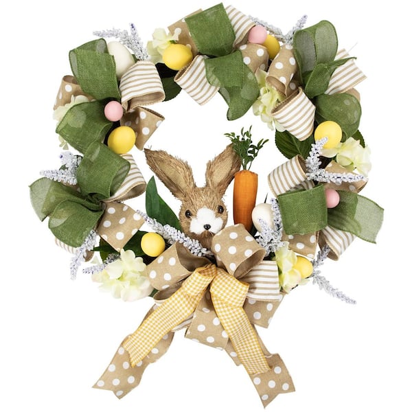 22 in.-Green and Beige Bunny and Bows Floral Artificial Easter Wreath-Unlit
