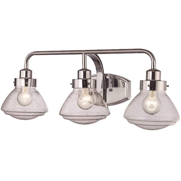 Bel Air Lighting 26.5 in. 3-Light Polished Chrome Bathroom Vanity Light Fixture with Seeded Glass Schoolhouse Shades