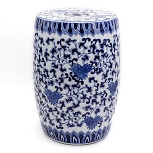Blue Garden White Lotus Ceramic Drum Stool